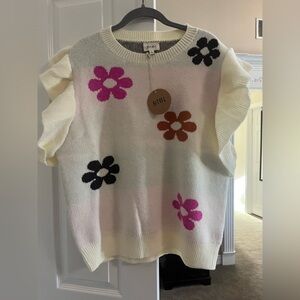 BiBi White Crewneck Sweater Vest with Pink, Black & Brown Floral Accents